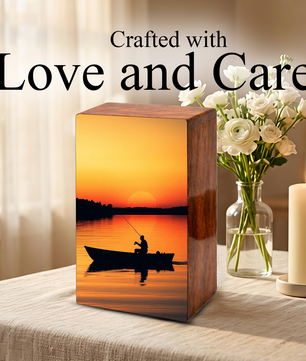 Sunset Fishing Urns For Ashes Male - Fisherman Wooden Box Urn For Dad