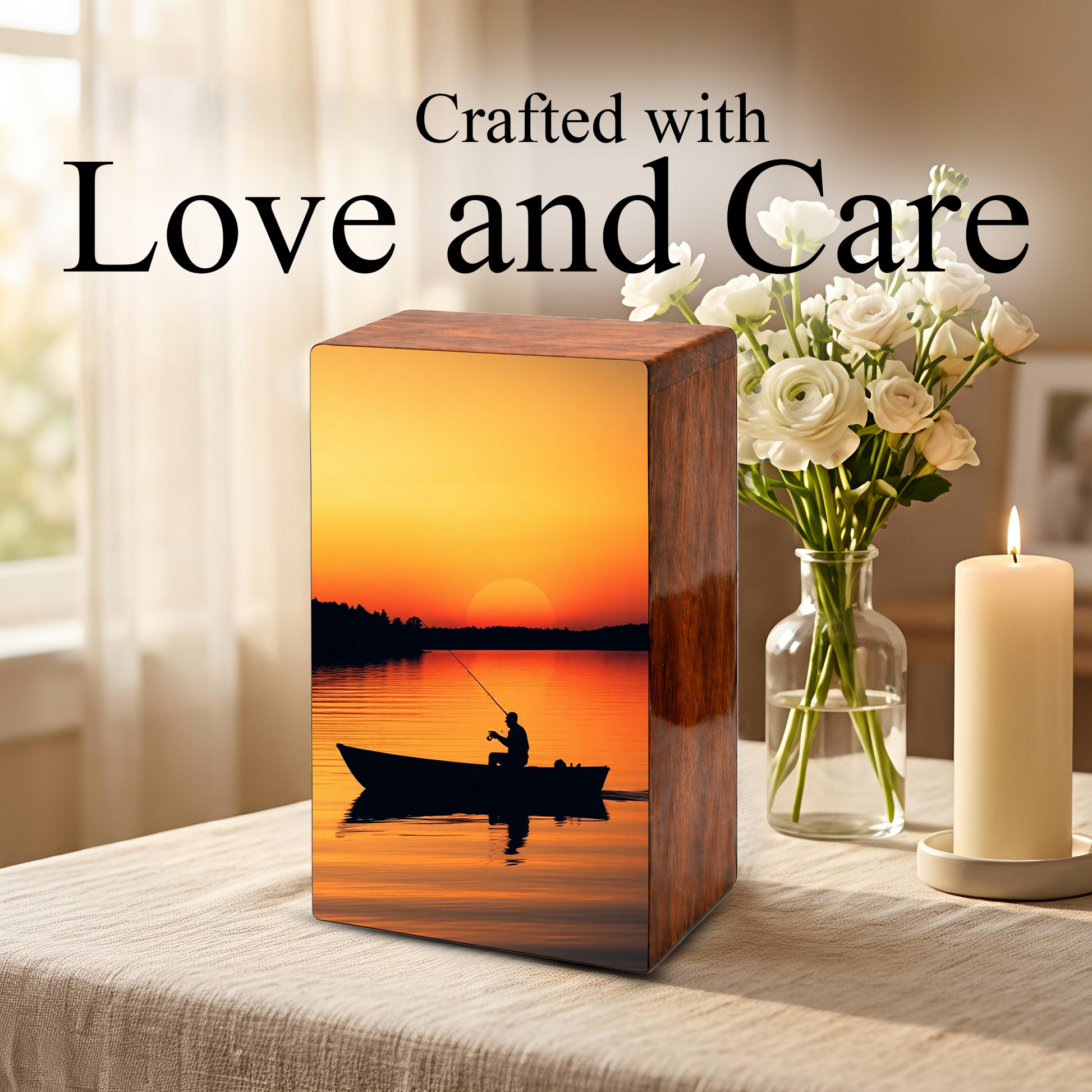 Sunset Fishing Urns For Ashes Male - Fisherman Wooden Box Urn For Dad