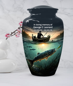 Fisherman Urn for Ashes -  Personalized Gone Fishing Memorial | Custom Cremation Urns for Dad