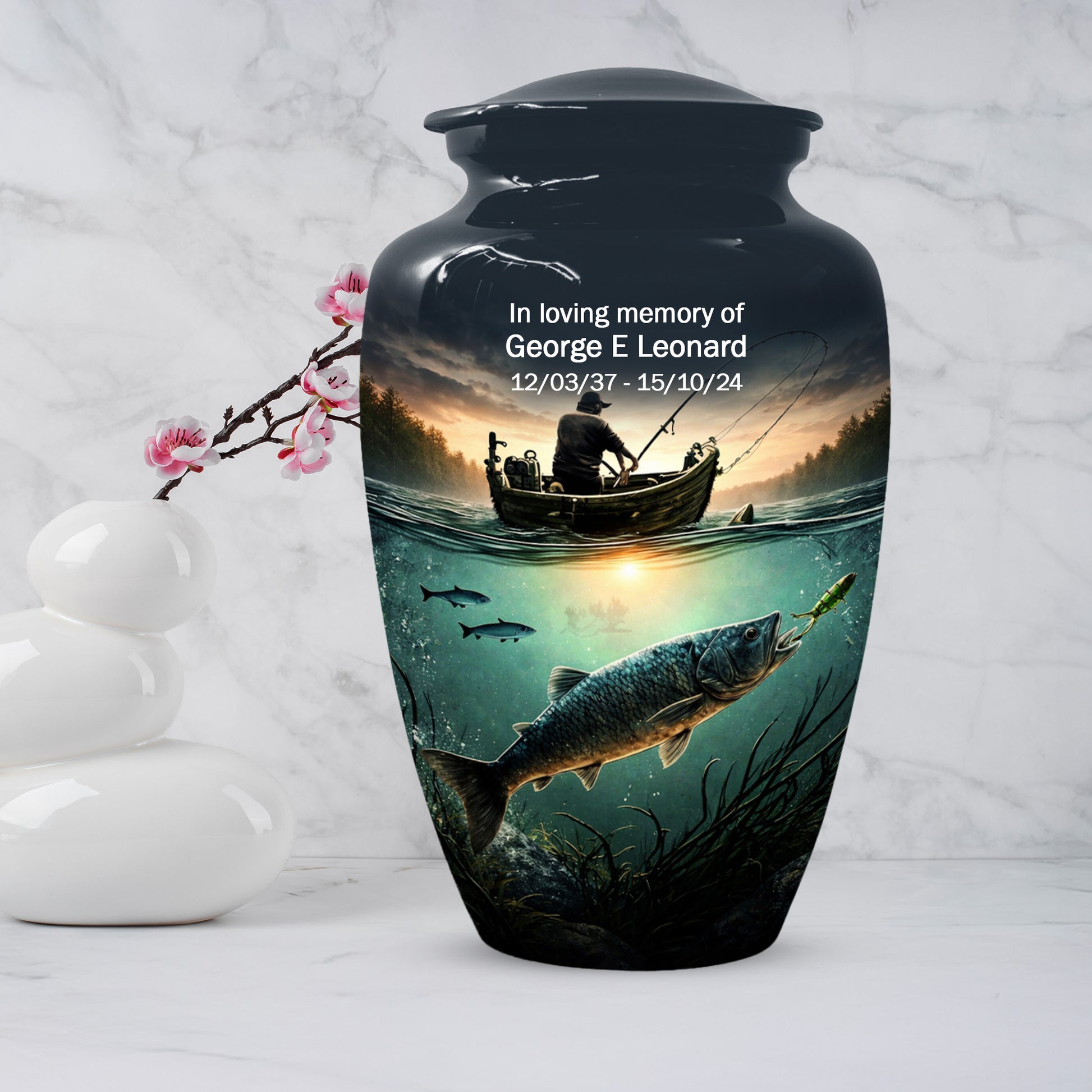 Fisherman Urn for Ashes -  Personalized Gone Fishing Memorial | Custom Cremation Urns for Dad