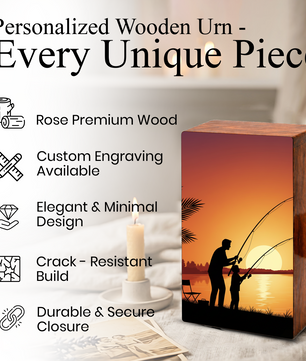 Father Son Fishing Wooden Cremation Urn - Sunset Memorial Urn for Dad
