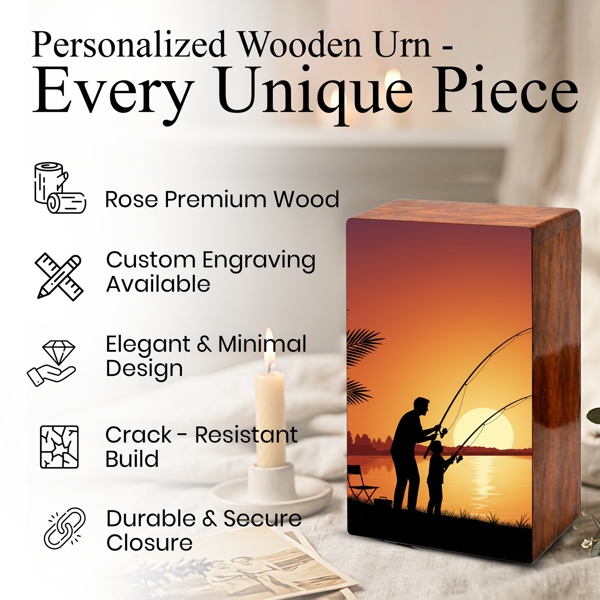 Father Son Fishing Wooden Cremation Urn - Sunset Memorial Urn for Dad