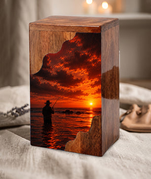 Fishing Wooden Cremation Urn – Sunset Fishing Memorial Urn for Dad | Wooden Urn for Human Ashes