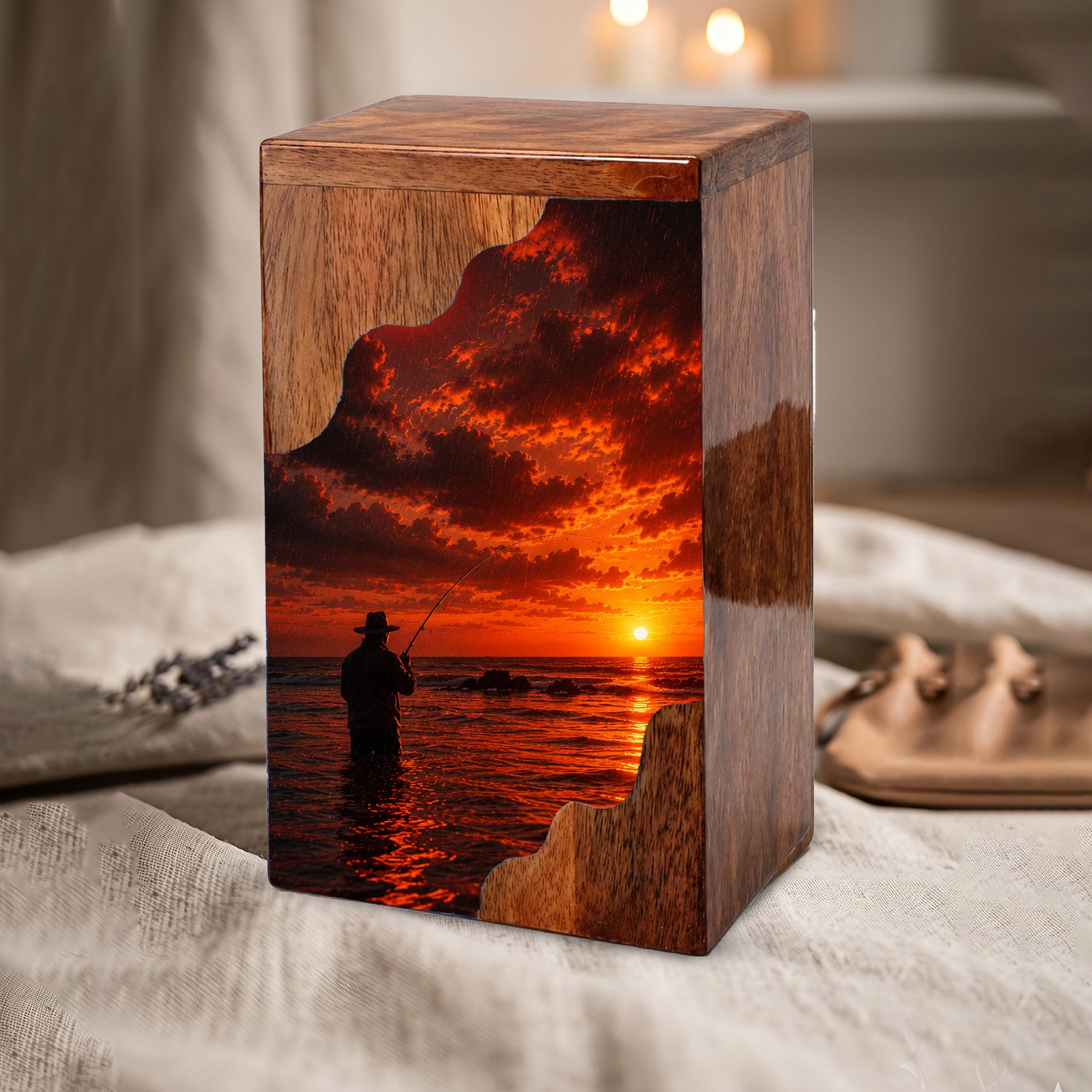 Fishing Wooden Cremation Urn – Sunset Fishing Memorial Urn for Dad | Wooden Urn for Human Ashes