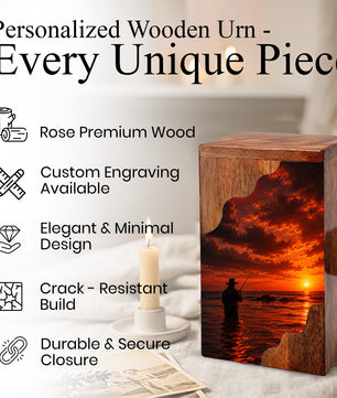 Fishing Wooden Cremation Urn – Sunset Fishing Memorial Urn for Dad | Wooden Urn for Human Ashes
