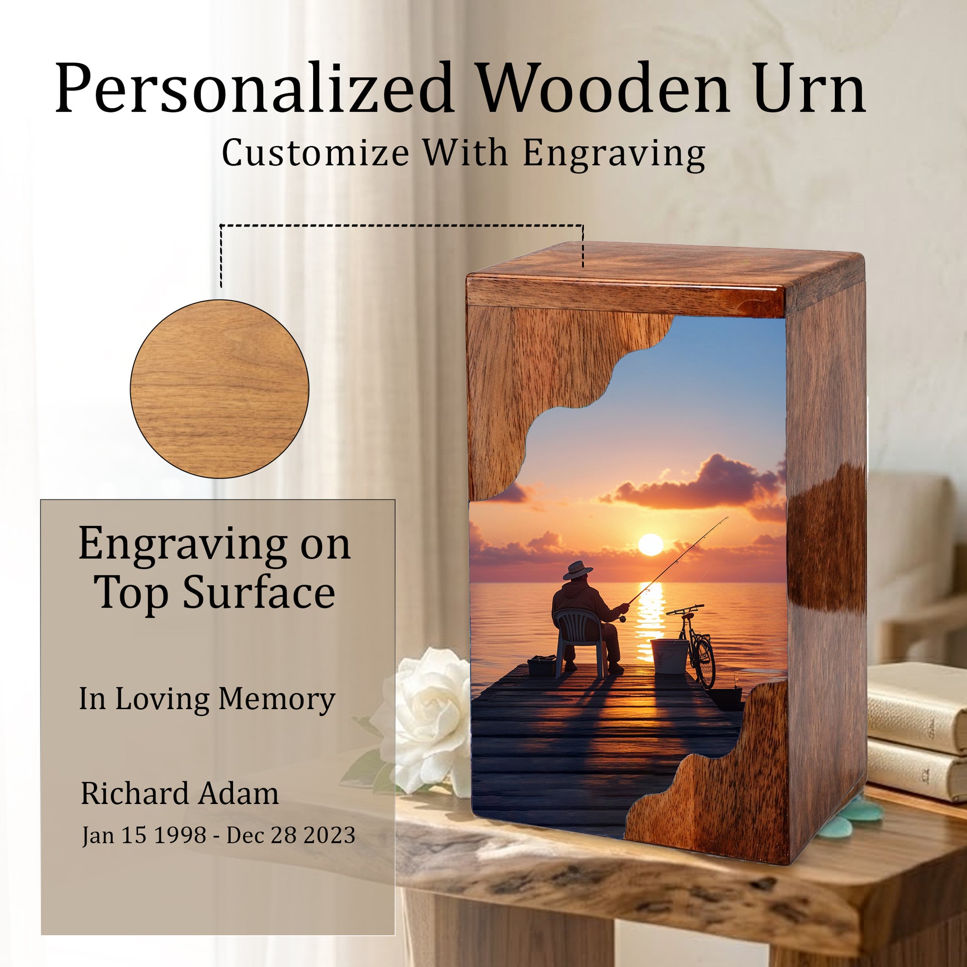 Fishing Personalized Wooden Cremation Urn for Dad