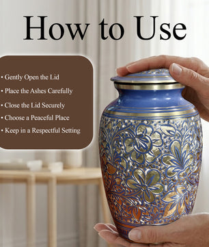 Blue Flower Urn For Human Ashes - Engraved Floral Brass Burial Urns (200 CU)