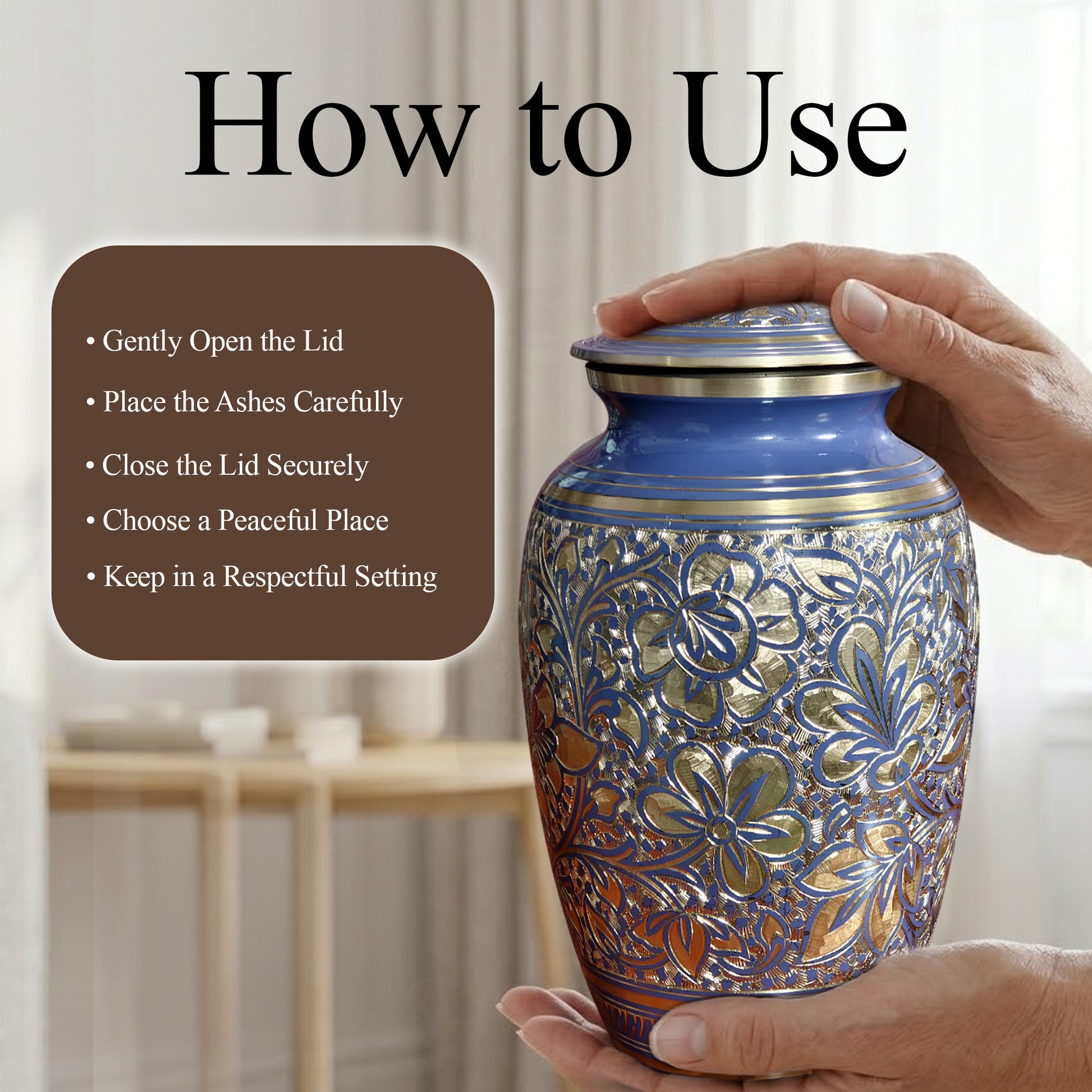 Blue Flower Urn For Human Ashes - Engraved Floral Brass Burial Urns (200 CU)