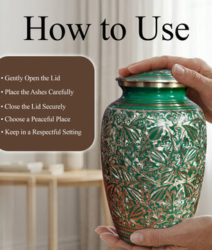 Green Burial Urn For Human Ashes - Hand Engraved Floral Brass Urns (200 CU)