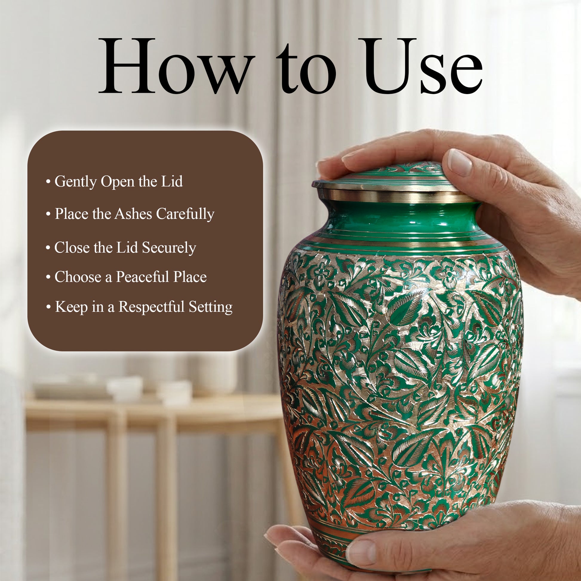 Green Burial Urn For Human Ashes - Hand Engraved Floral Brass Urns (200 CU)