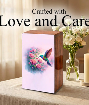 Floral Hummingbird Wooden Urn for Ashes, Memorial Keepsake Pink Urns for Mom