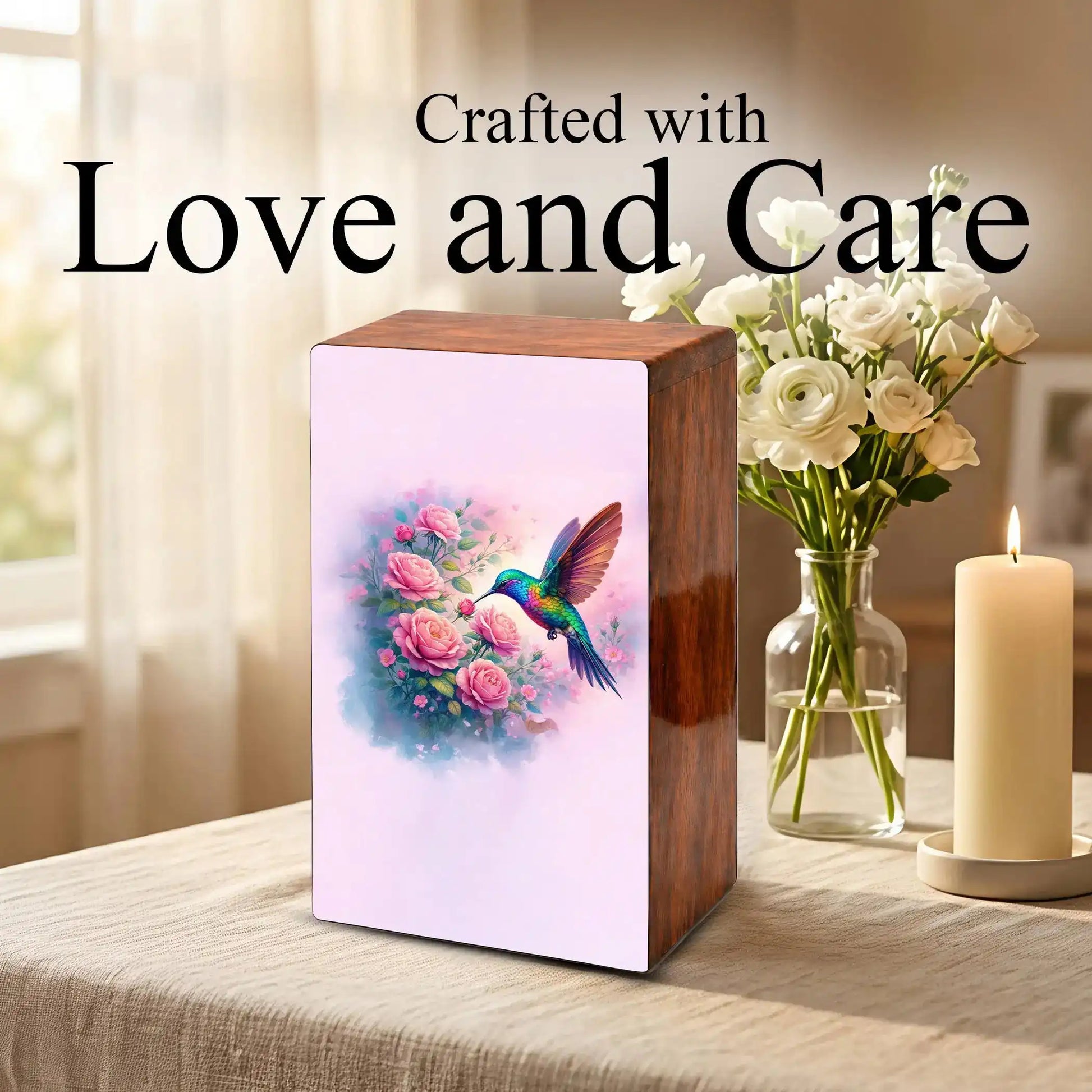 Floral Hummingbird Wooden Urn for Ashes, Memorial Keepsake Pink Urns for Mom