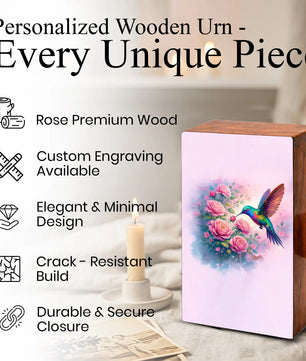 Floral Hummingbird Wooden Urn for Ashes, Memorial Keepsake Pink Urns for Mom