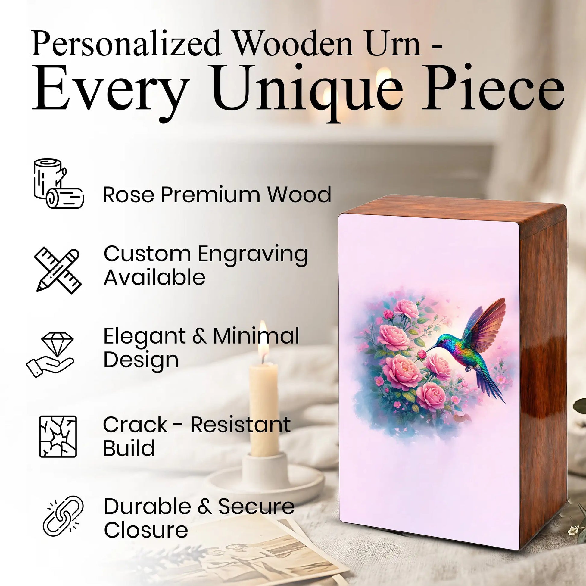 Floral Hummingbird Wooden Urn for Ashes, Memorial Keepsake Pink Urns for Mom