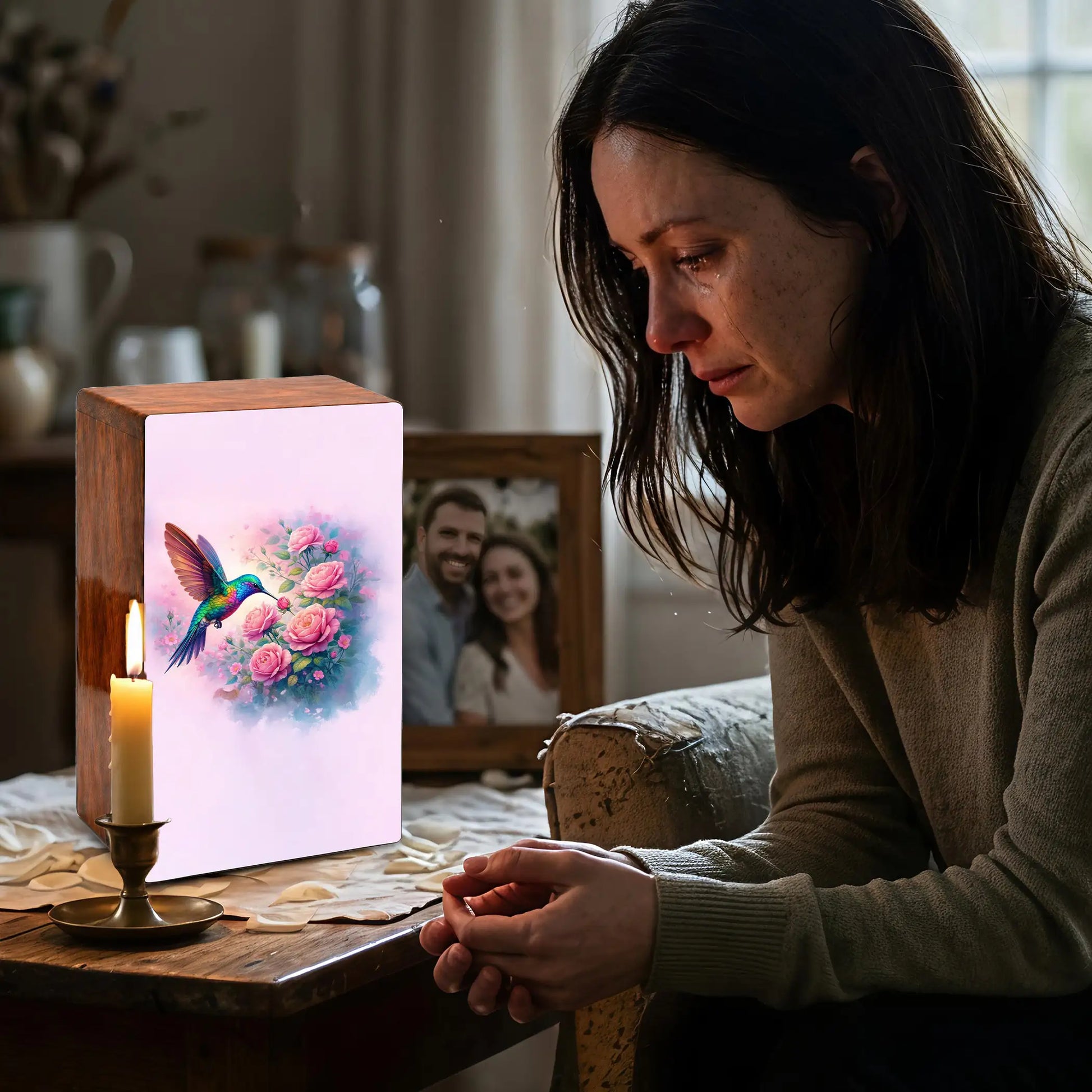 Floral Hummingbird Wooden Urn for Ashes, Memorial Keepsake Pink Urns for Mom