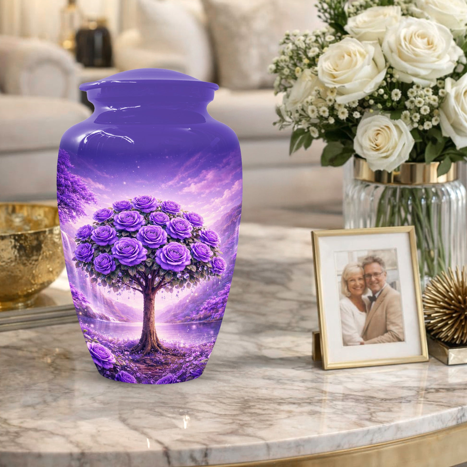 Purple Rose Urn for Ashes-  Rose Tree Memorial Keepsake for Mom or Dad | Floral Cremation Urns for Women & Men