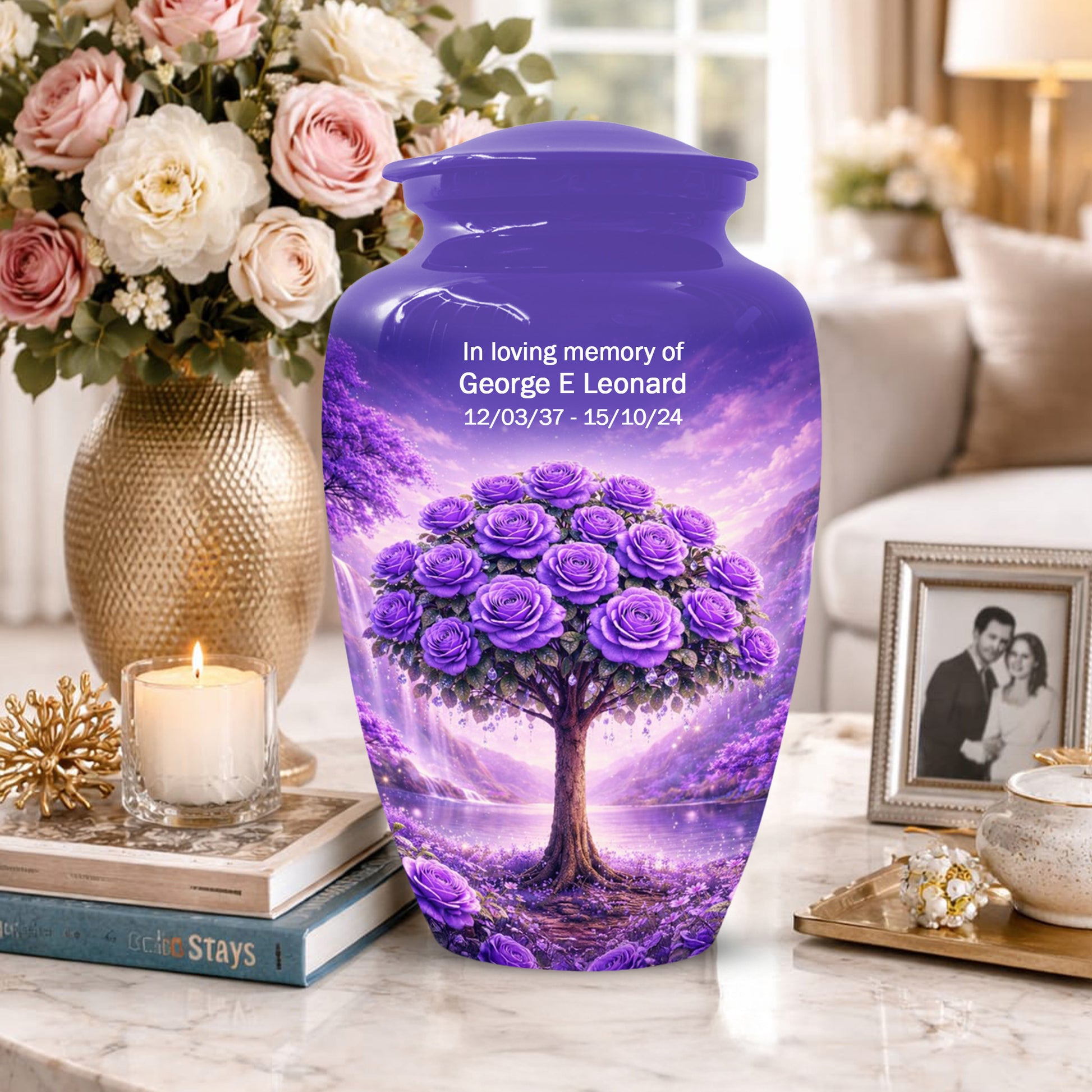 Purple Rose Urn for Ashes-  Rose Tree Memorial Keepsake for Mom or Dad | Floral Cremation Urns for Women & Men