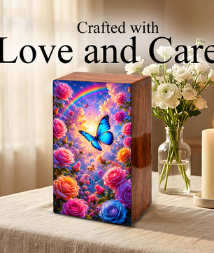 Blue Butterfly Urn For Ashes Women - Wooden Flower Mini Cremation Urn with Butterflies