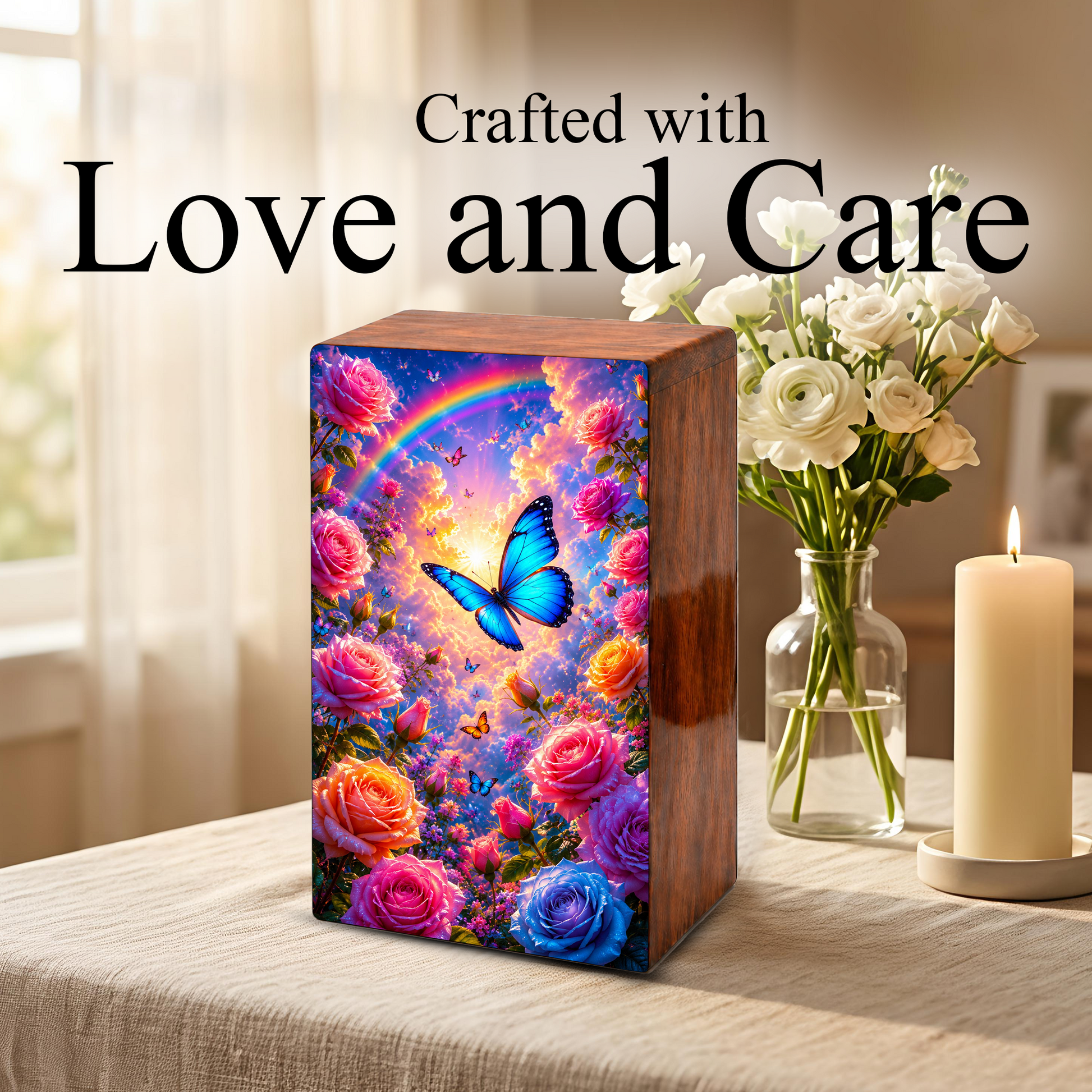 Blue Butterfly Urn For Ashes Women - Wooden Flower Mini Cremation Urn with Butterflies