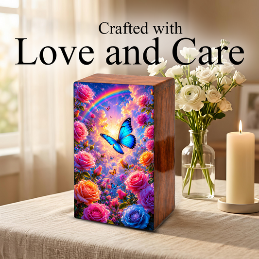 Blue Butterfly Urn For Ashes Women - Wooden Flower Mini Cremation Urn with Butterflies
