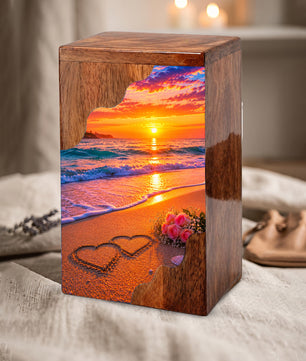 Beach Wooden Cremation Urn – Sunset Ocean Memorial Urn with Heart in Sand