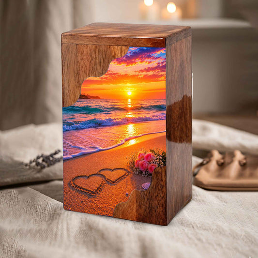 Beach Wooden Cremation Urn – Sunset Ocean Memorial Urn with Heart in Sand