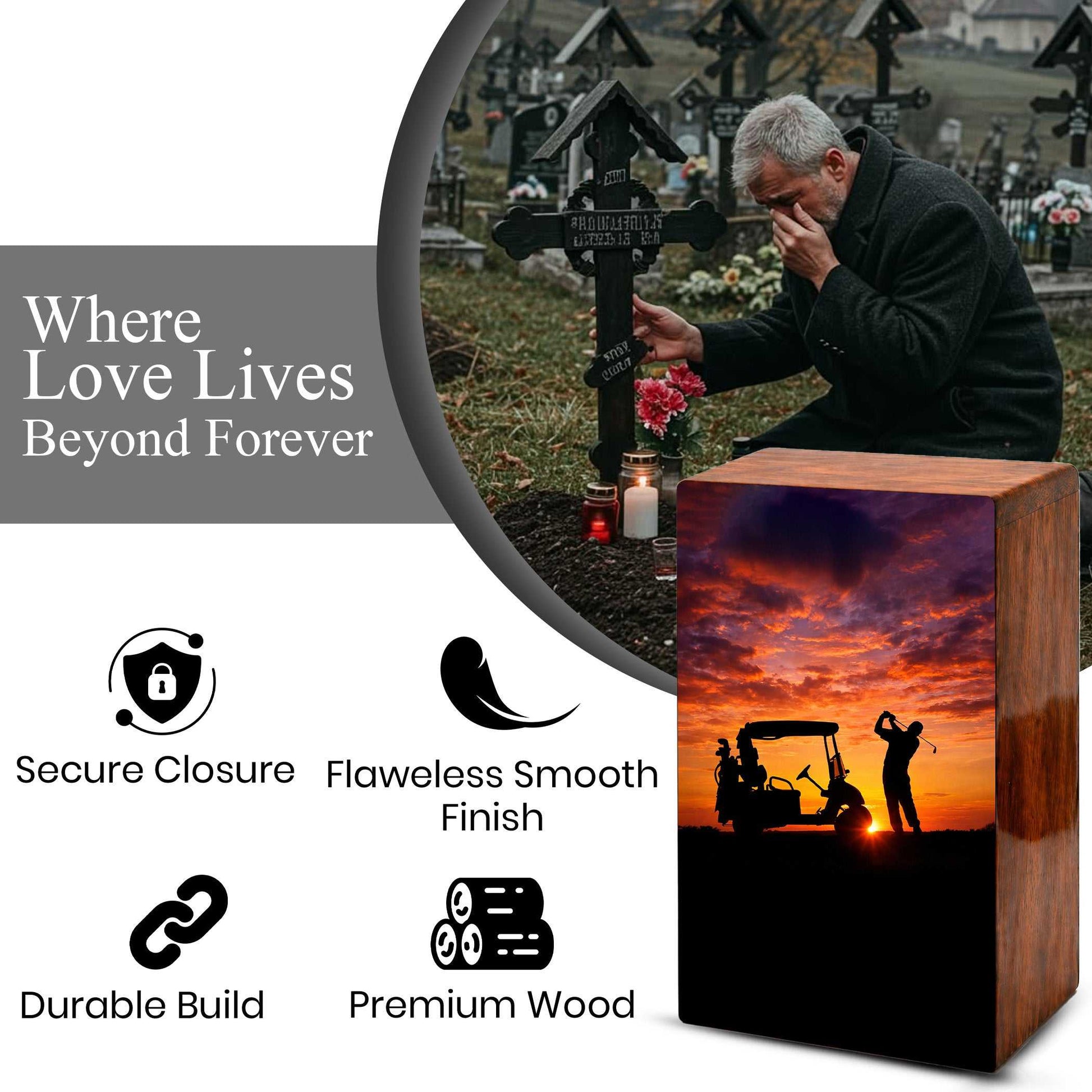 Golf Player Urn For Ashes Male - Sports Wooden Keepsake box For Dad