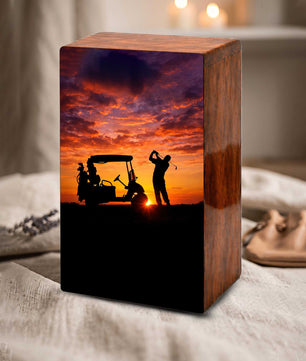 Golf Player Urn For Ashes Male - Sports Wooden Keepsake box For Dad