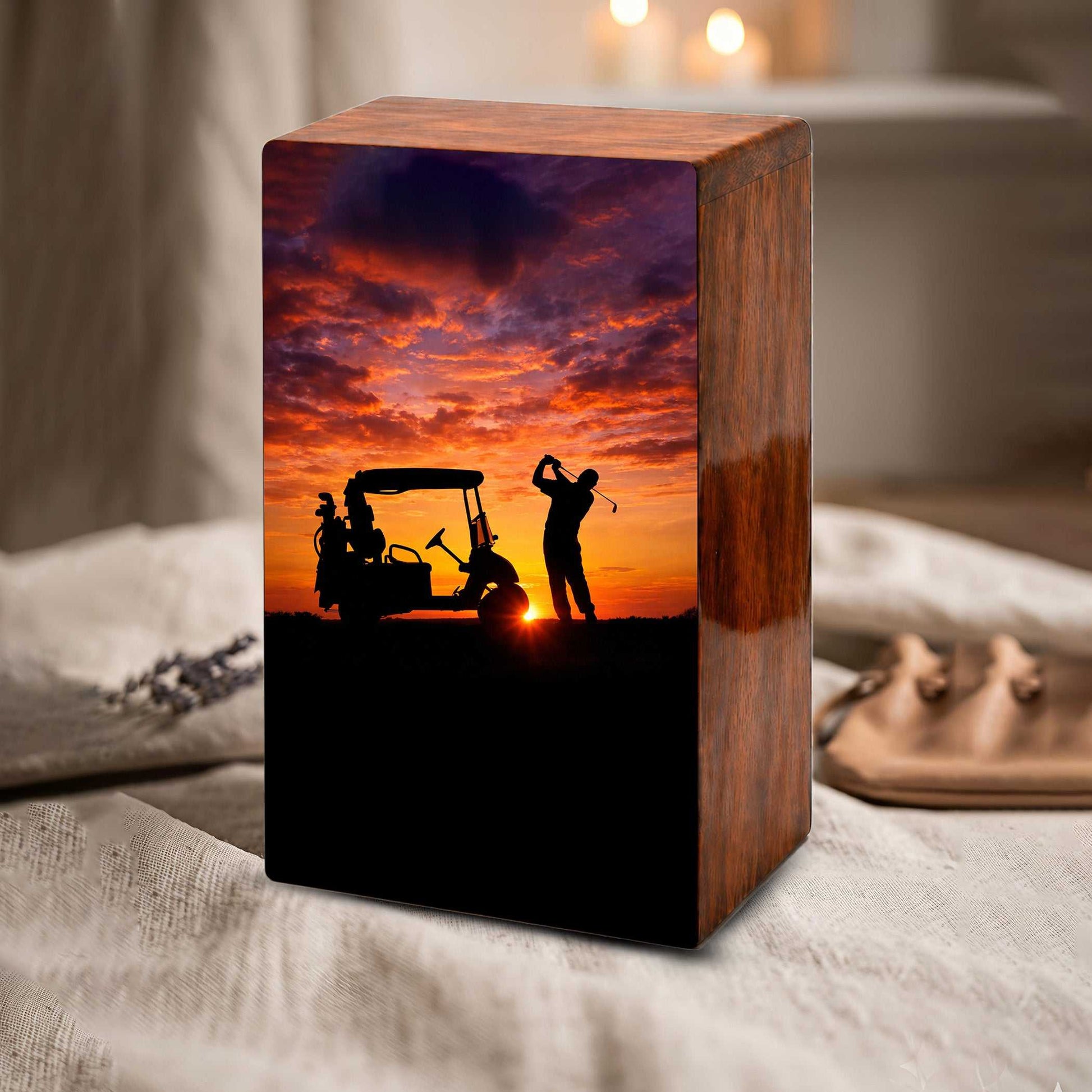 Golf Player Urn For Ashes Male - Sports Wooden Keepsake box For Dad