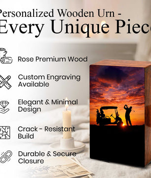 Golf Player Urn For Ashes Male - Sports Wooden Keepsake box For Dad