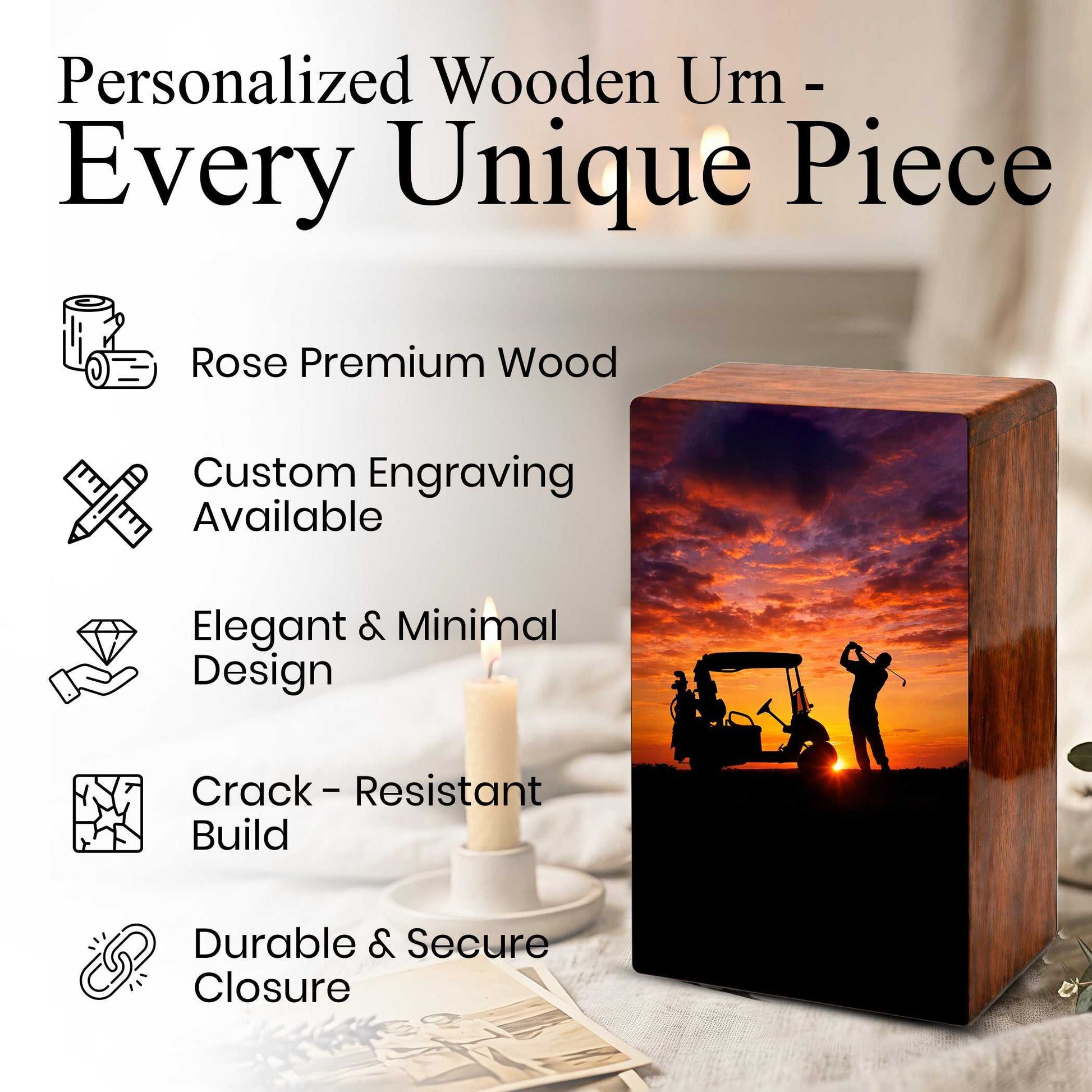 Golf Player Urn For Ashes Male - Sports Wooden Keepsake box For Dad