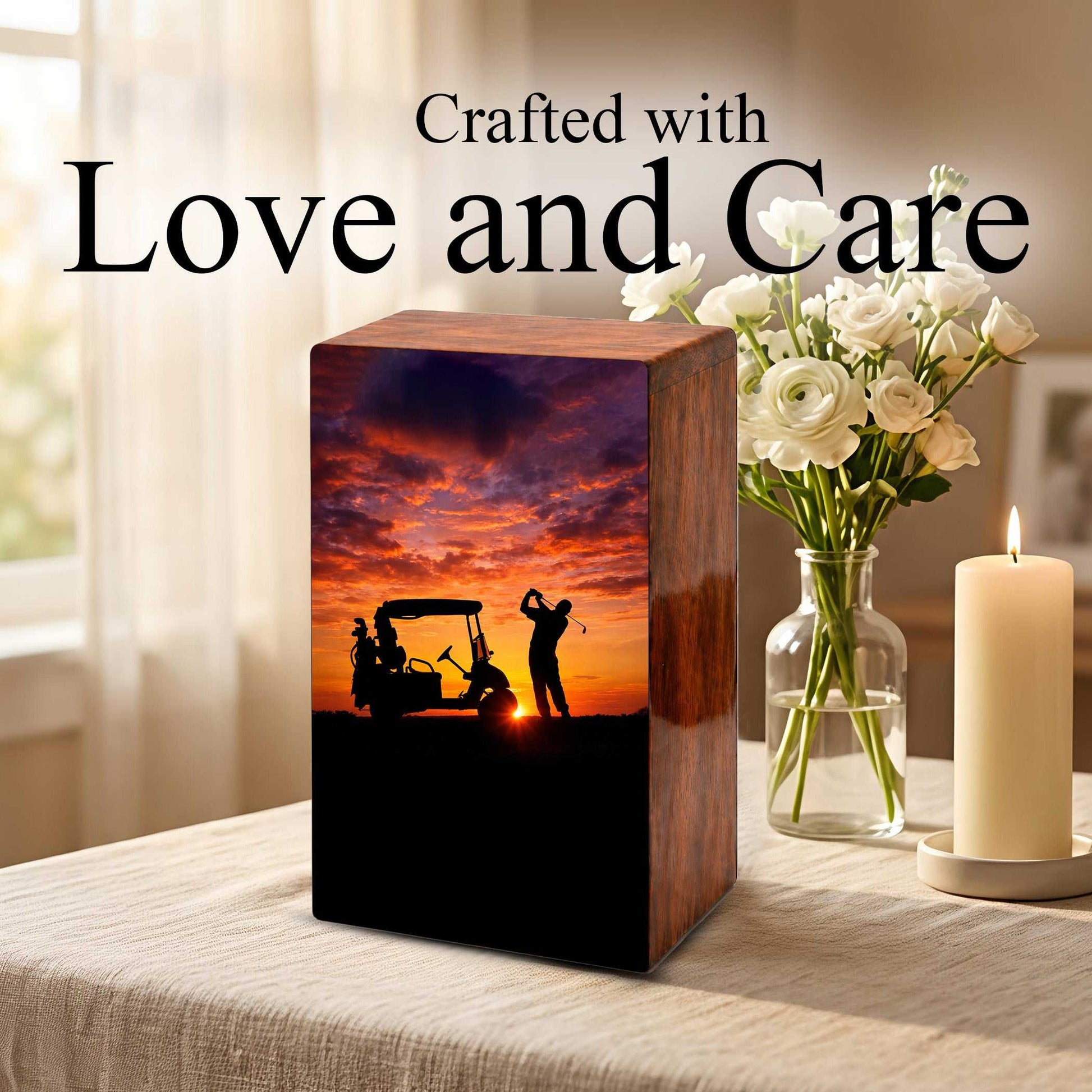 Golf Player Urn For Ashes Male - Sports Wooden Keepsake box For Dad