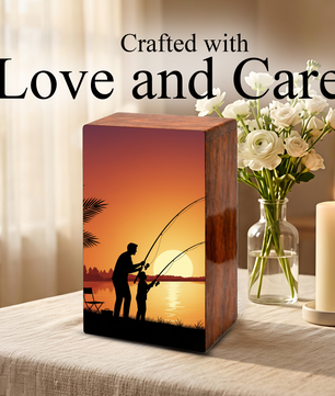 Father Son Fishing Wooden Cremation Urn - Sunset Memorial Urn for Dad