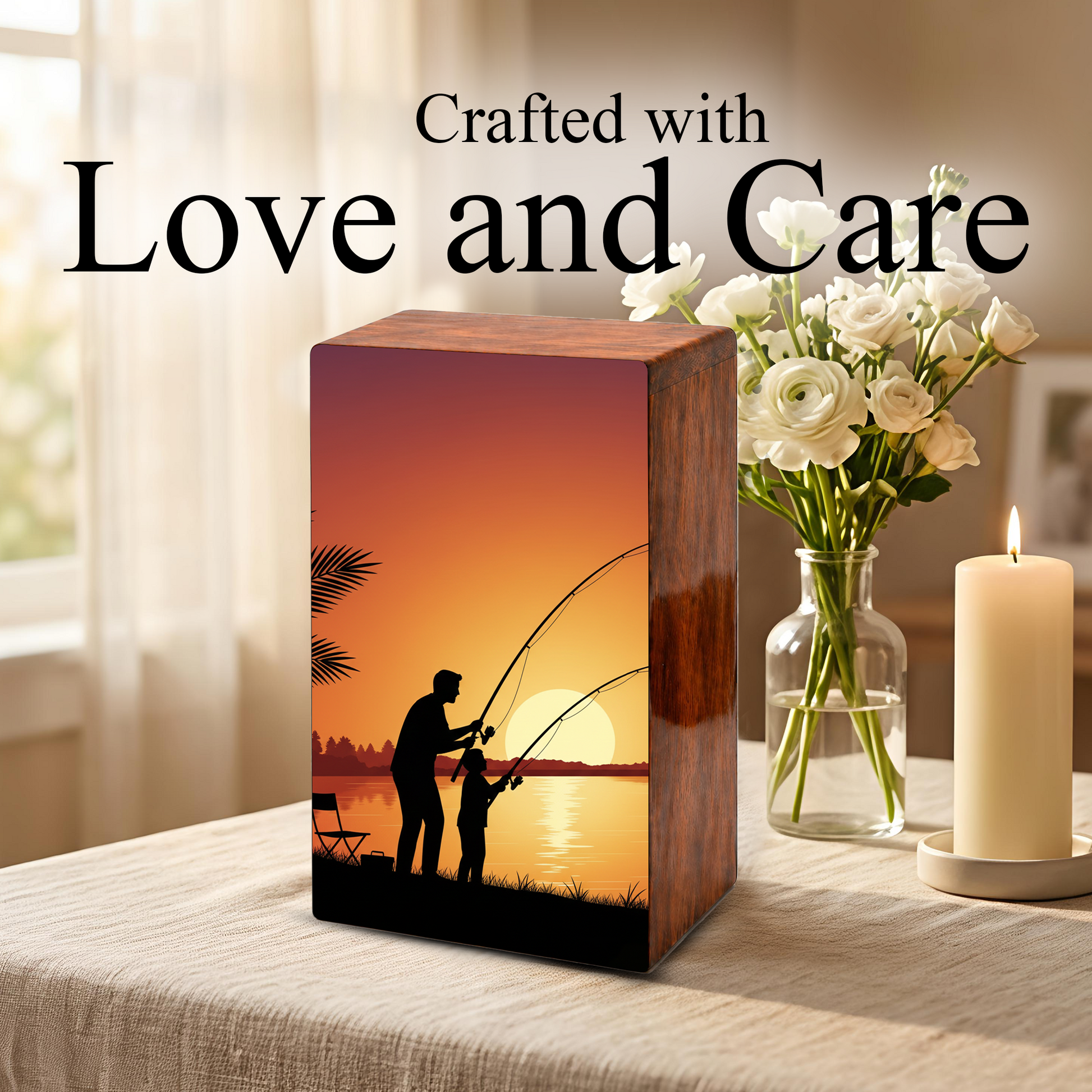 Father Son Fishing Wooden Cremation Urn - Sunset Memorial Urn for Dad