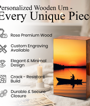 Sunset Fishing Urns For Ashes Male - Fisherman Wooden Box Urn For Dad
