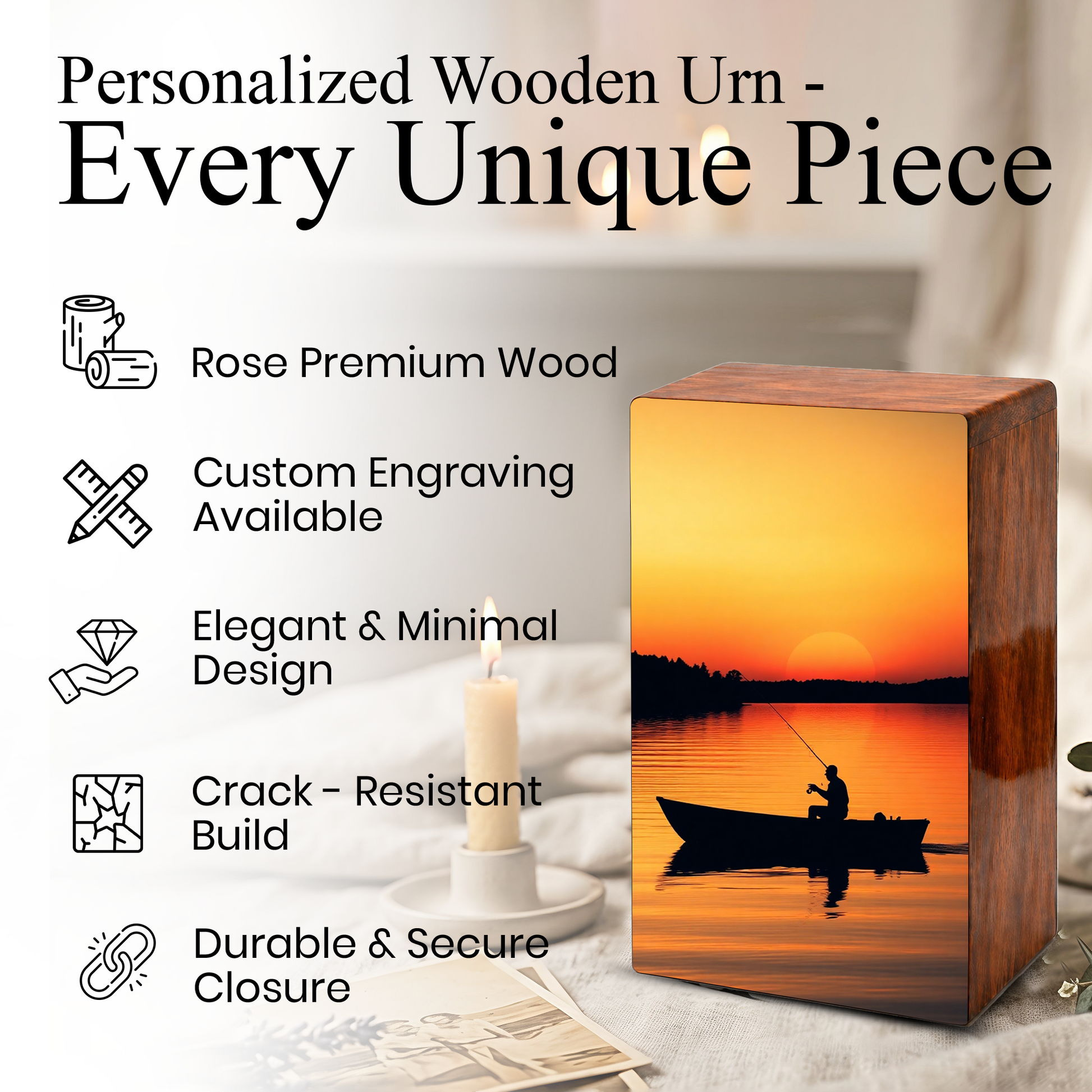 Sunset Fishing Urns For Ashes Male - Fisherman Wooden Box Urn For Dad