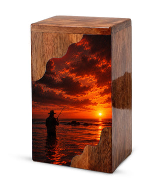 Fishing Wooden Cremation Urn – Sunset Fishing Memorial Urn for Dad | Wooden Urn for Human Ashes