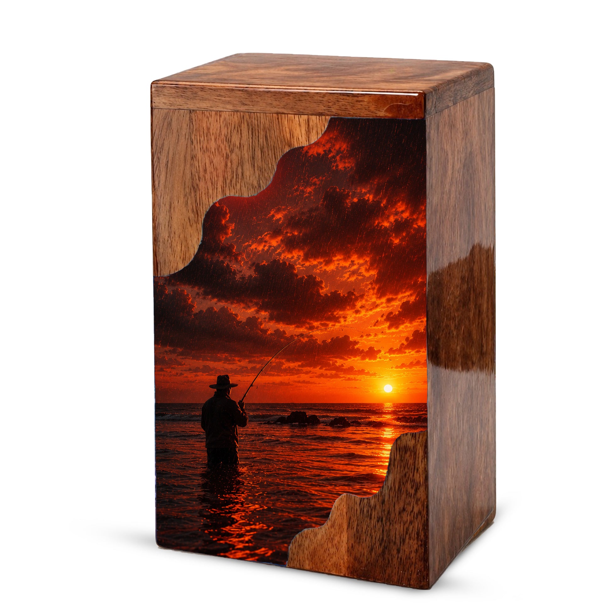 Fishing Wooden Cremation Urn – Sunset Fishing Memorial Urn for Dad | Wooden Urn for Human Ashes