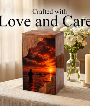 Fishing Wooden Cremation Urn – Sunset Fishing Memorial Urn for Dad | Wooden Urn for Human Ashes
