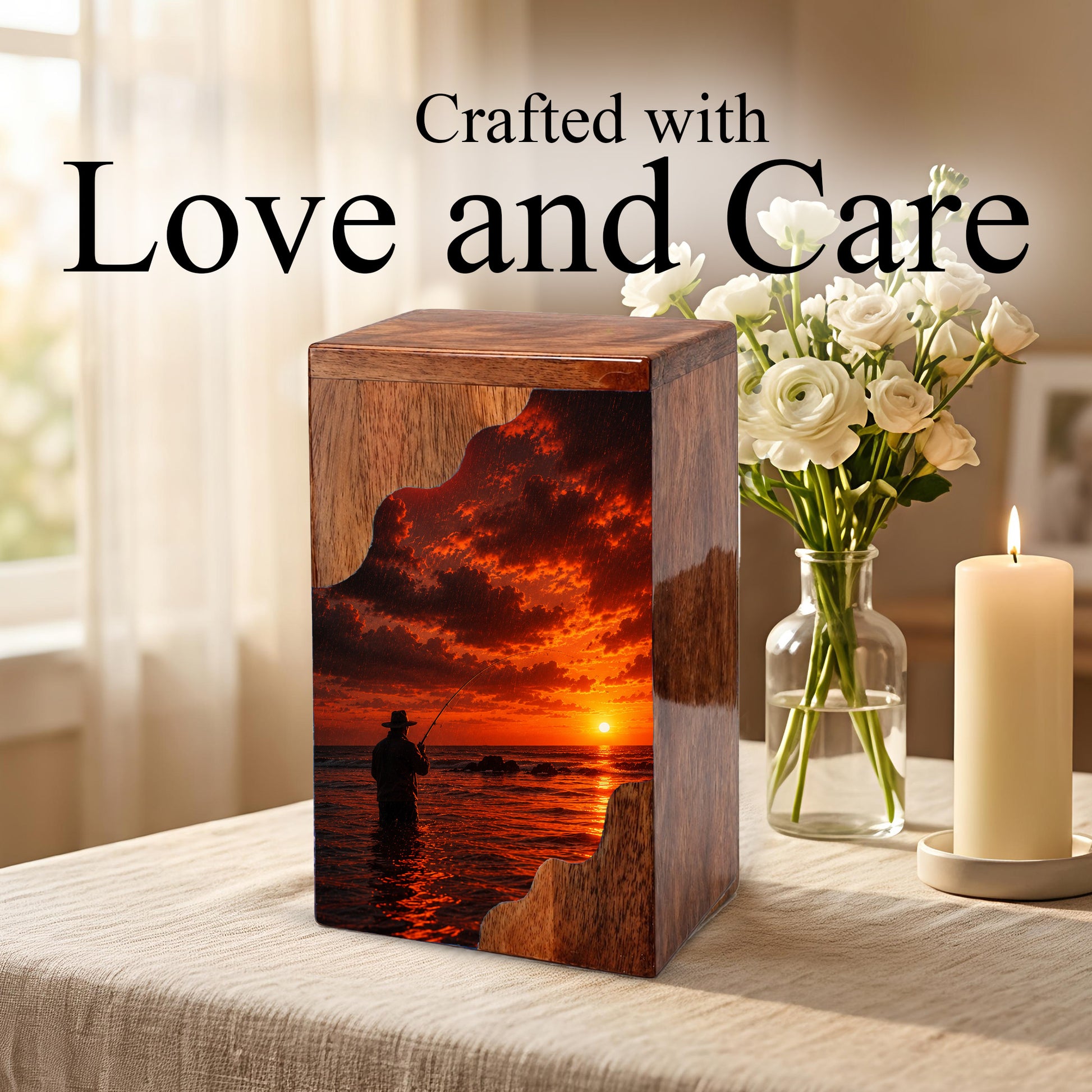 Fishing Wooden Cremation Urn – Sunset Fishing Memorial Urn for Dad | Wooden Urn for Human Ashes