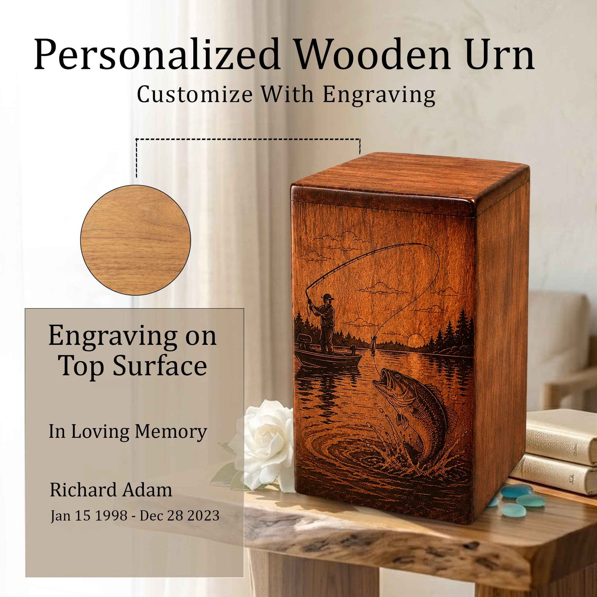 Gone Fishing Wooden Urn For Dad Ashes – Personalized Fisherman Cremation Keepsake Urn Box