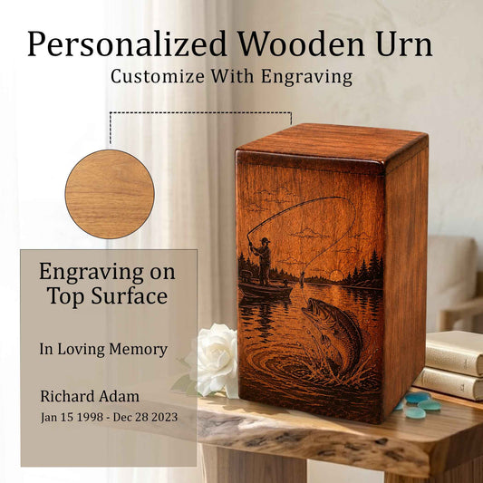 Gone Fishing Wooden Urn For Dad Ashes – Personalized Fisherman Cremation Keepsake Urn Box
