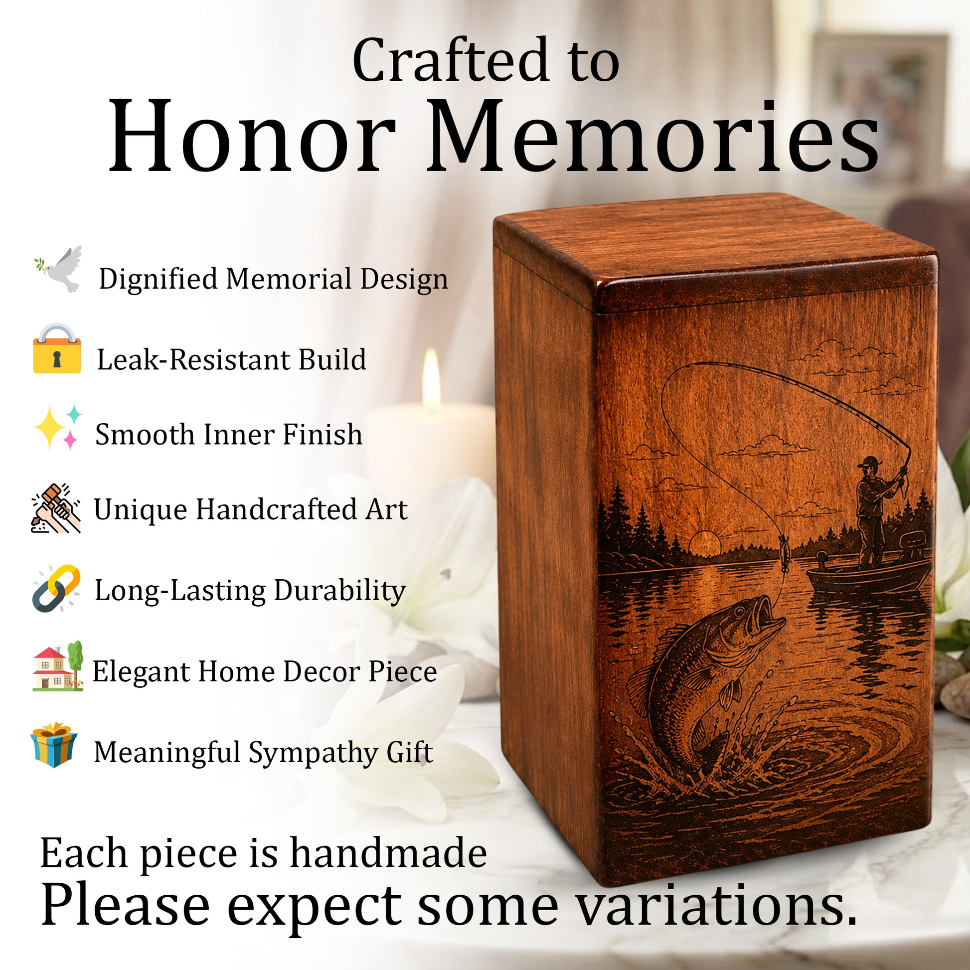 Gone Fishing Wooden Urn For Dad Ashes – Personalized Fisherman Cremation Keepsake Urn Box