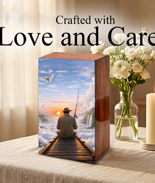 Gone Fishing in Heaven Urn For Ashes - Fisherman Wooden Cremation Keepsake Box For Male