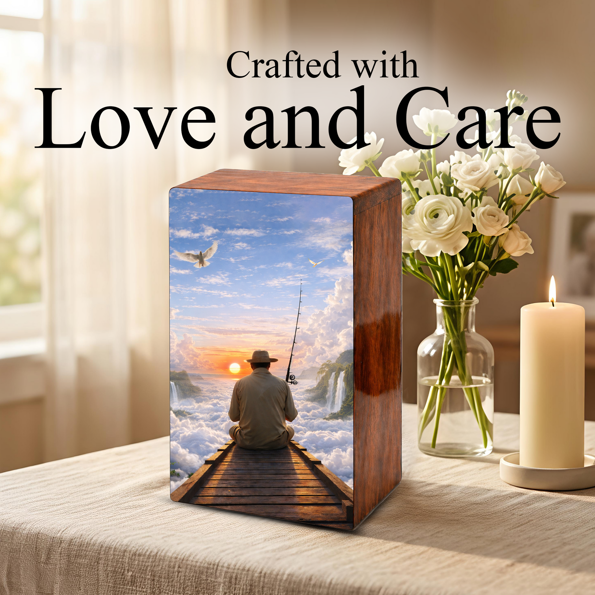 Gone Fishing in Heaven Urn For Ashes - Fisherman Wooden Cremation Keepsake Box For Male