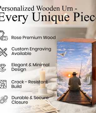 Gone Fishing in Heaven Urn For Ashes - Fisherman Wooden Cremation Keepsake Box For Male