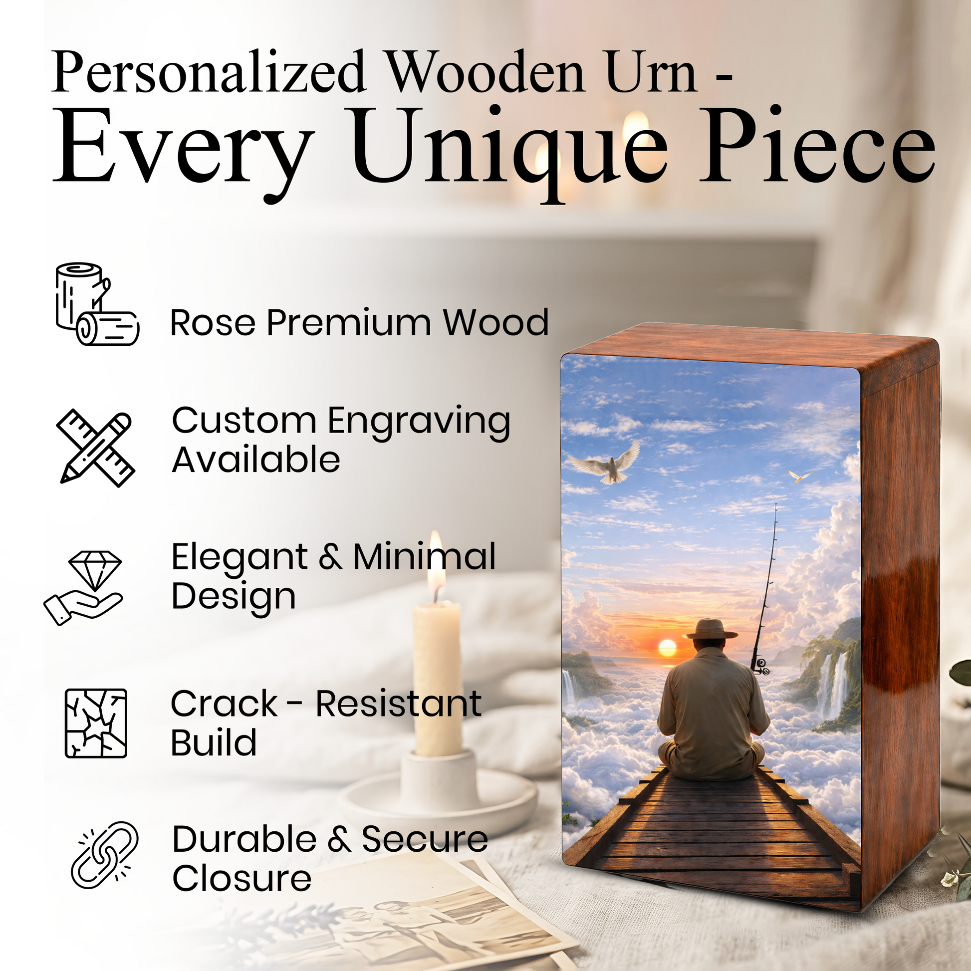 Gone Fishing in Heaven Urn For Ashes - Fisherman Wooden Cremation Keepsake Box For Male