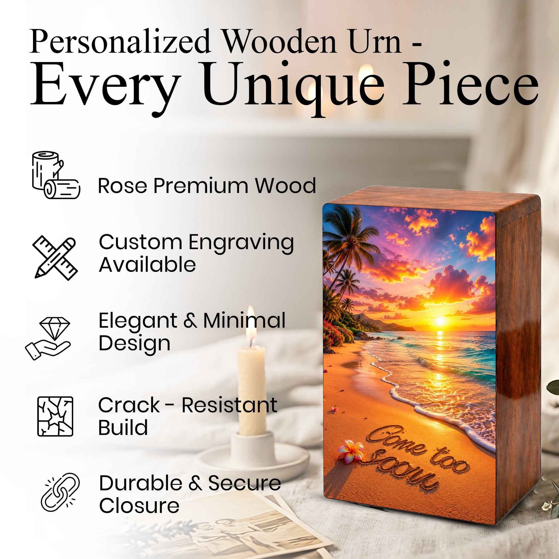 Sunset Beach Cremation Urn For Ashes - Gone Too Soon Keepsake Box For Cremains