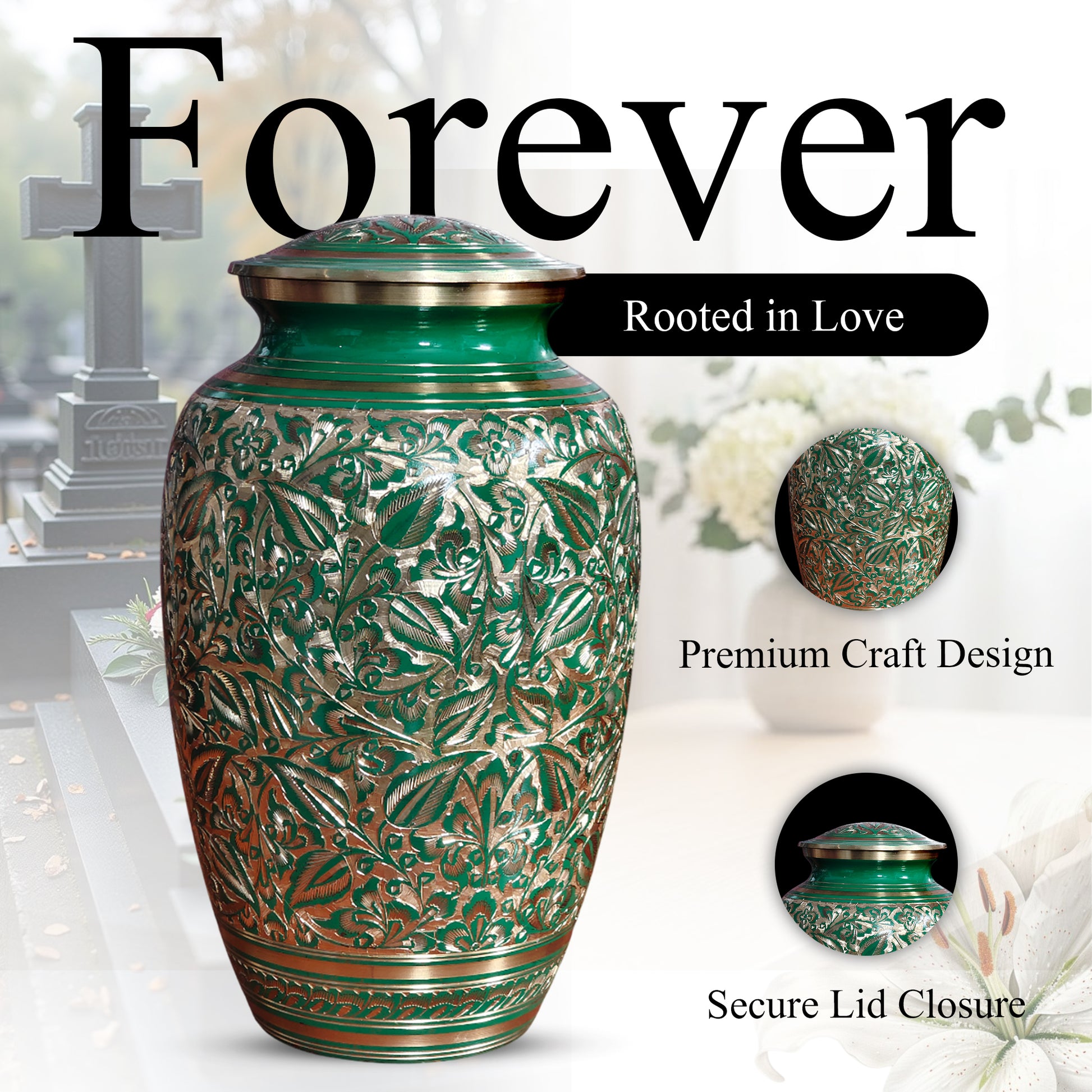 Green Burial Urn For Human Ashes - Hand Engraved Floral Brass Urns (200 CU)