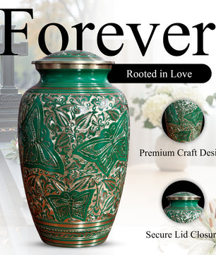 Green Butterfly Burial Urn For Human Ashes - Engraved Burial Brass Urns